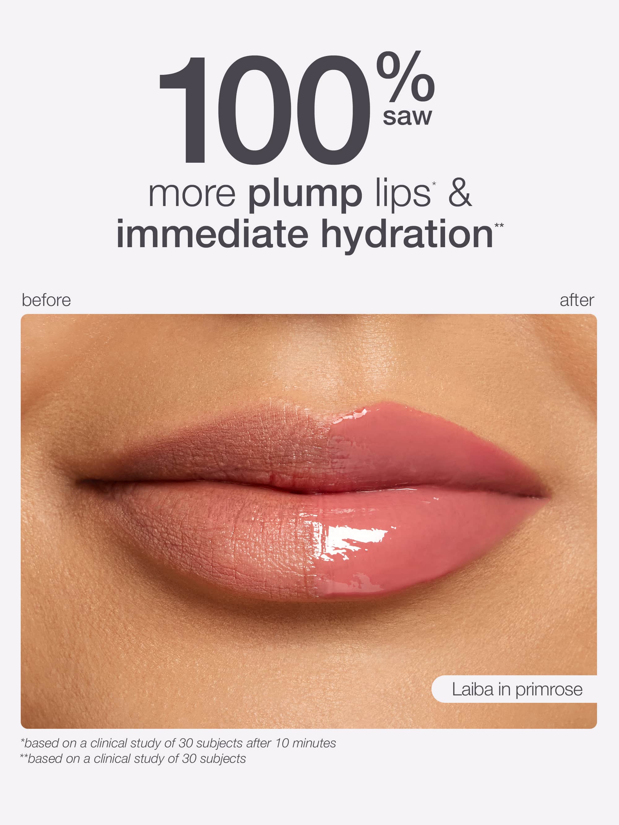 maracuja juicy lip plump advertisement showing a close-up of lips with '100% saw' text claiming plump lips and immediate hydration.
