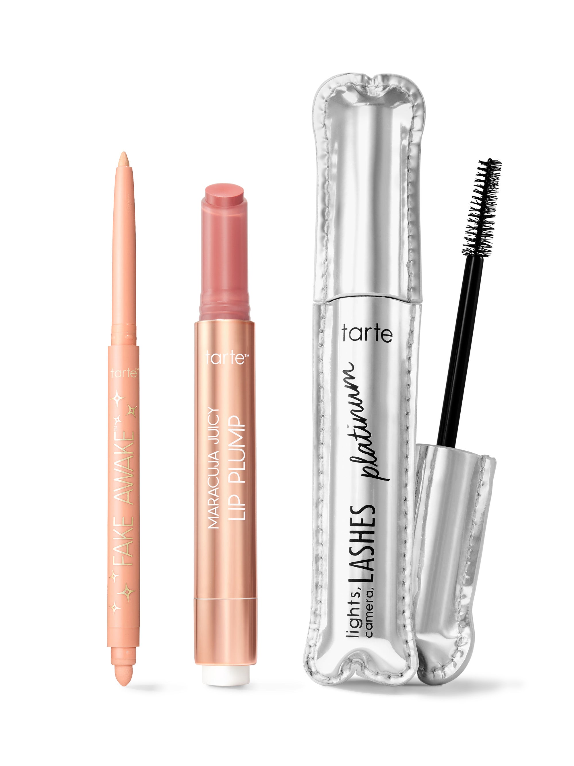 Tarte makeup products including a lip plump, eyeliner, and mascara on a white background