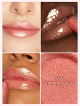 Collage of a maracuja lip oil rose shimmer glass lipstick on lips and swatch.