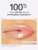 Lips with a maracuja juicy lip plump applied, showing plumpness and hydration, with text indicating '100% saw more plump lips & immediate hydration'.