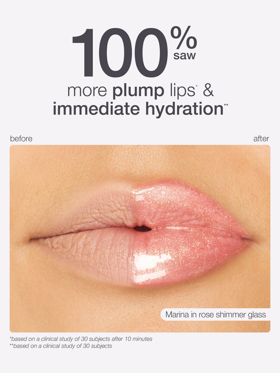 Lips with a maracuja juicy lip plump applied, showing plumpness and hydration, with text indicating '100% saw more plump lips & immediate hydration'.