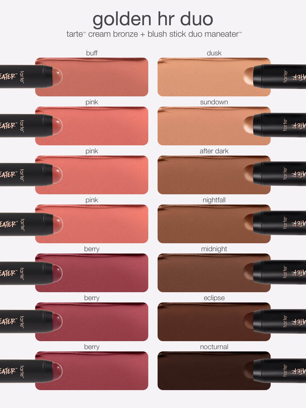 Collection of 'tarte' cream bronze and blush stick duo maneaters in various shades on a white background.