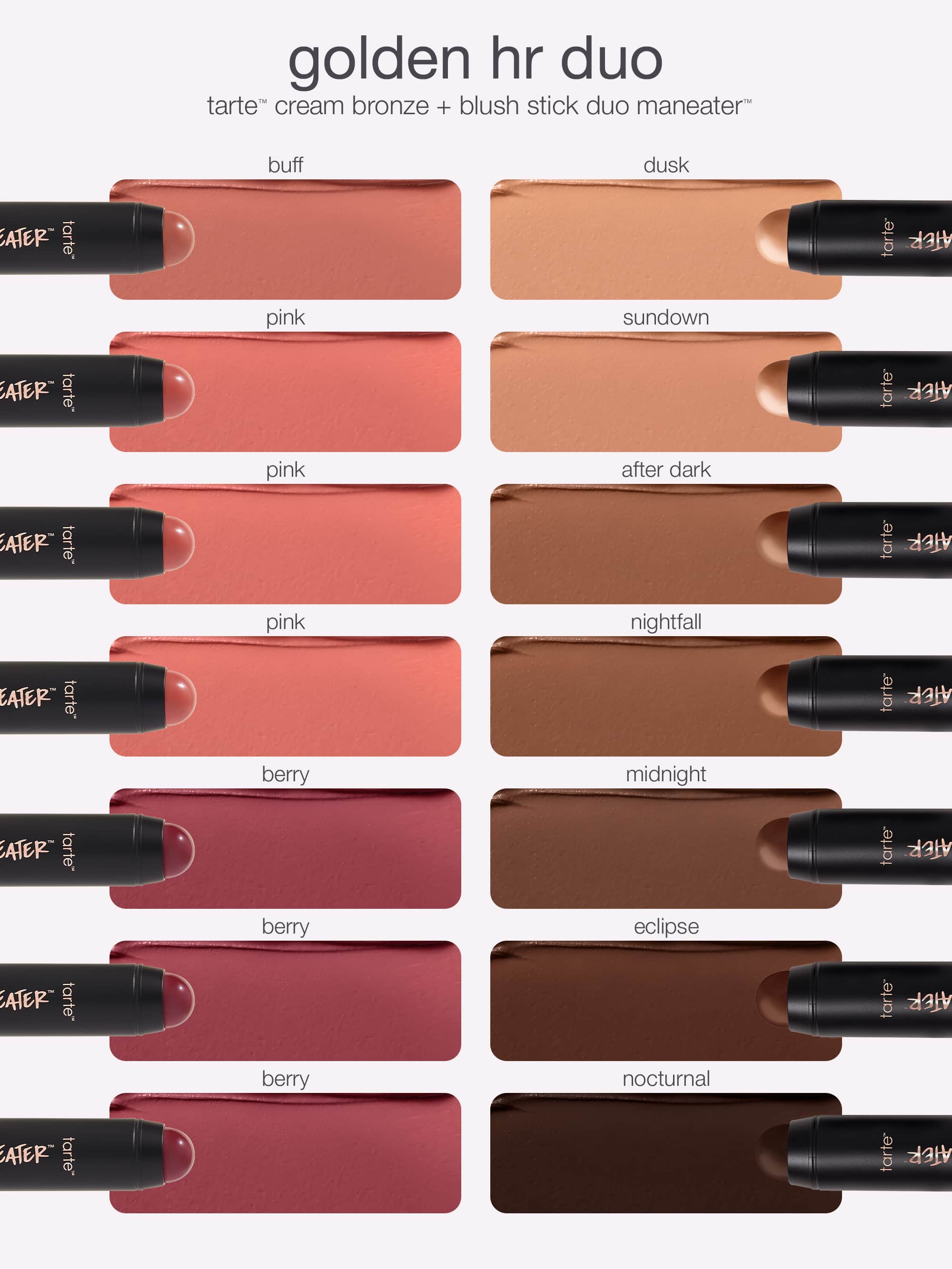 Collection of 'tarte' cream bronze and blush stick duo maneaters in various shades on a white background.