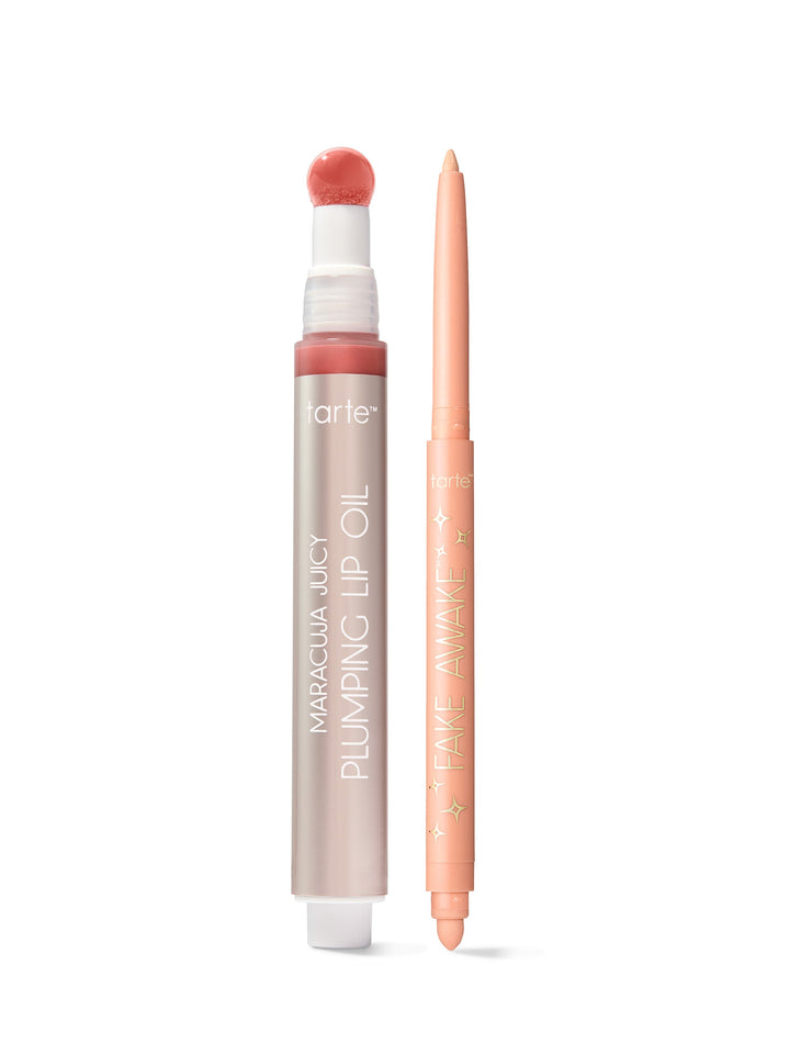Tarte maracuja juicy lip oil  and fake awake with applicator on a white background