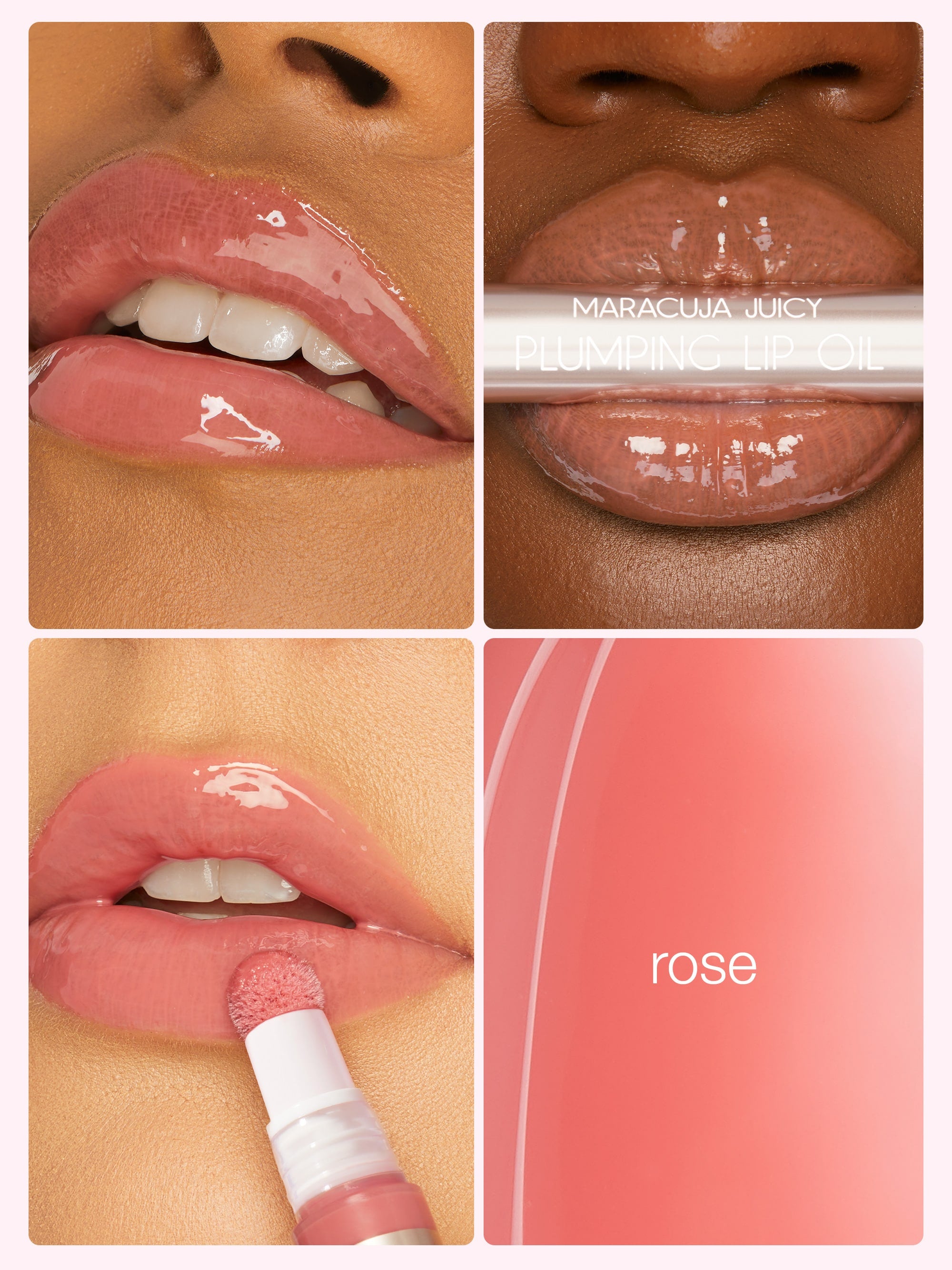 Collage of a maracuja juicy lip oil  being applied with close-up shots on lips and a product shot.