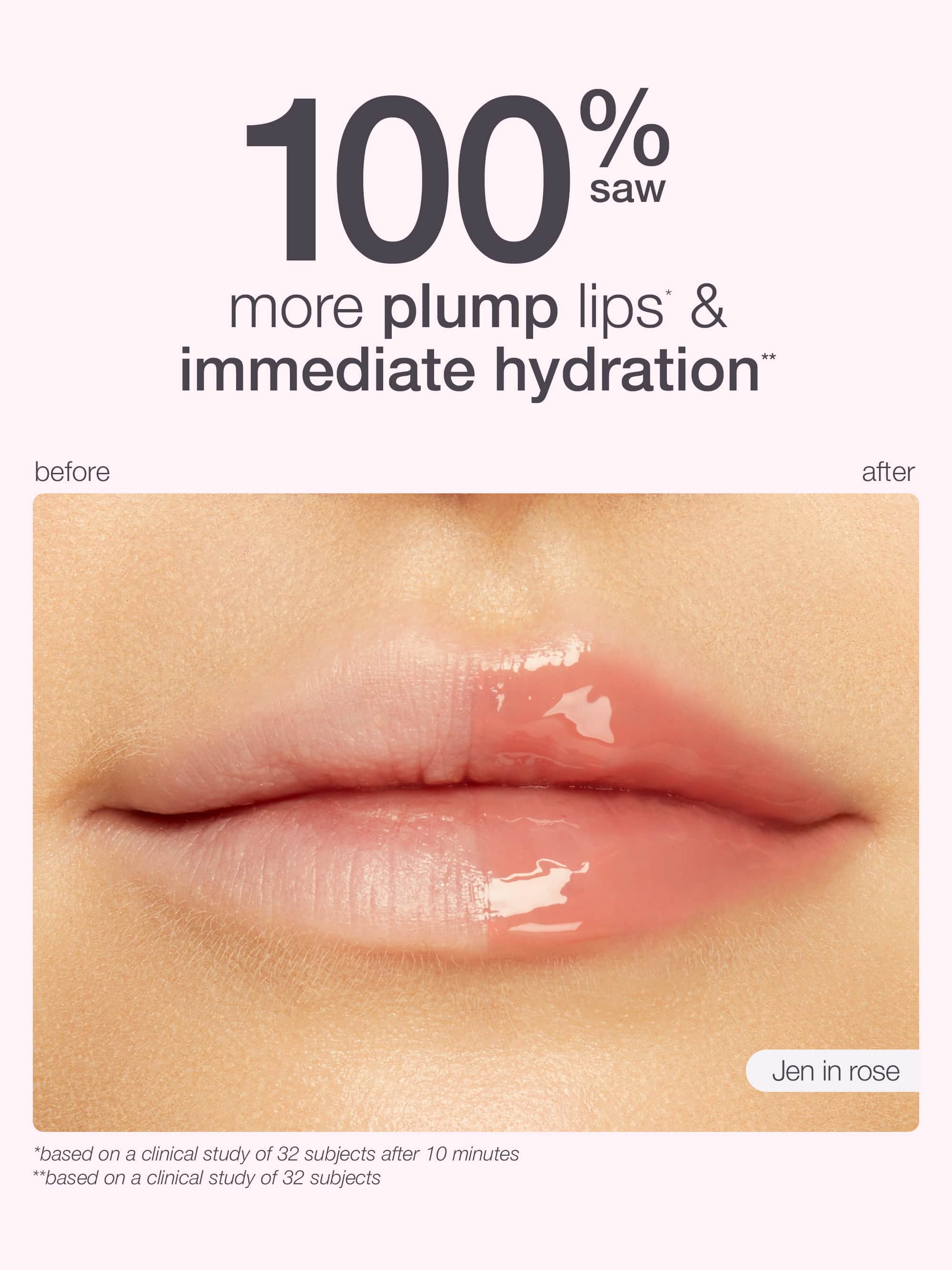 Maracuja juicy lip oil advertisement showing lips with '100% saw' text and 'Jen in rose' label.