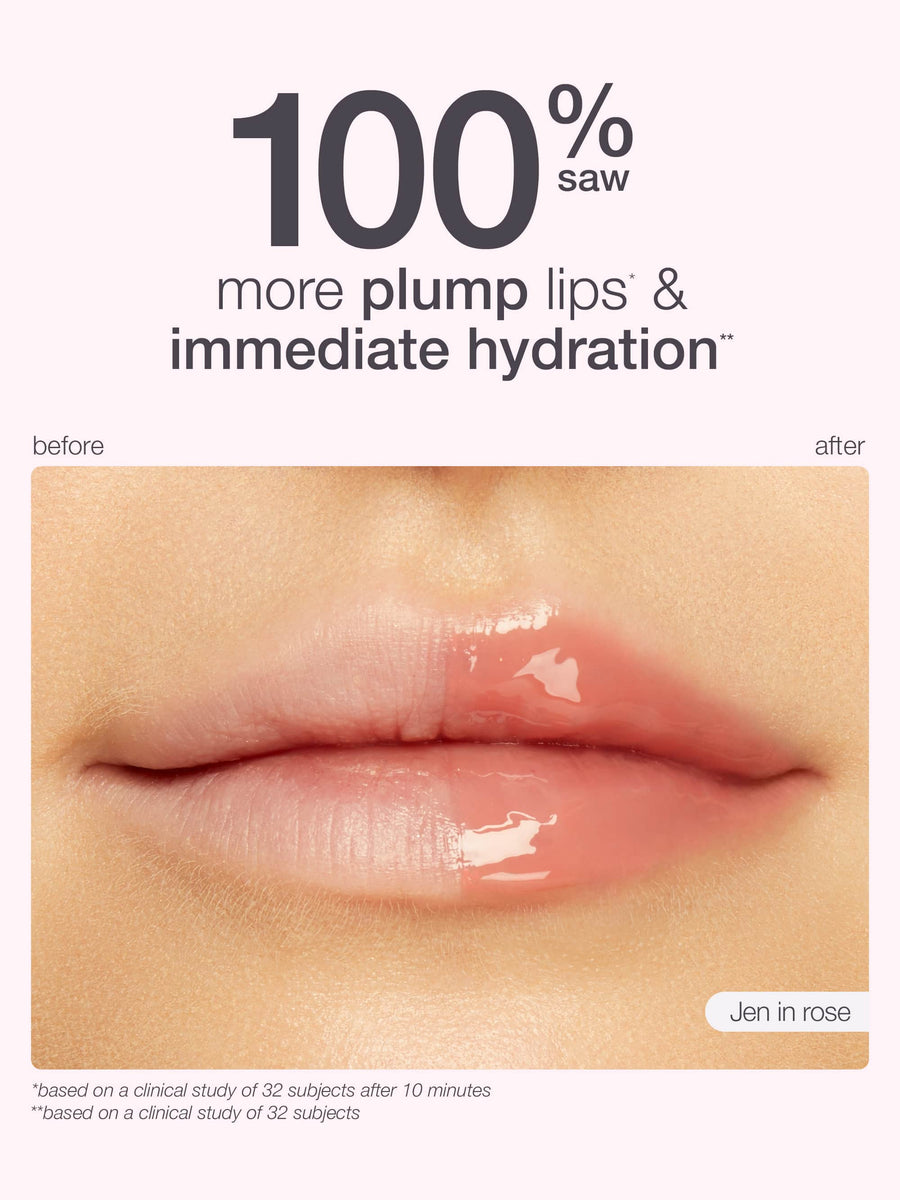 Maracuja juicy lip oil advertisement showing lips with '100% saw' text and 'Jen in rose' label.