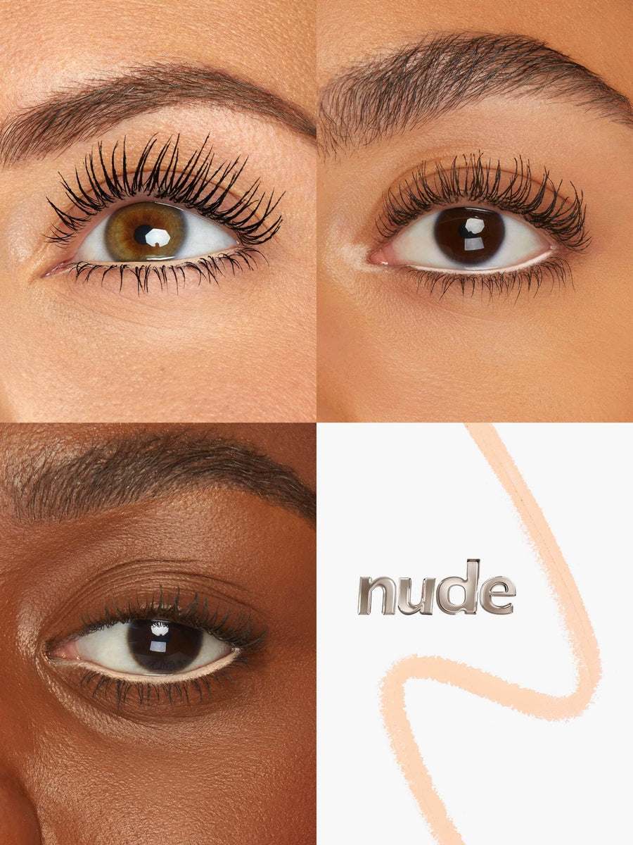 Close-up of eyes with different skin tones wearing tarte fake awake in shade 'nude' label.