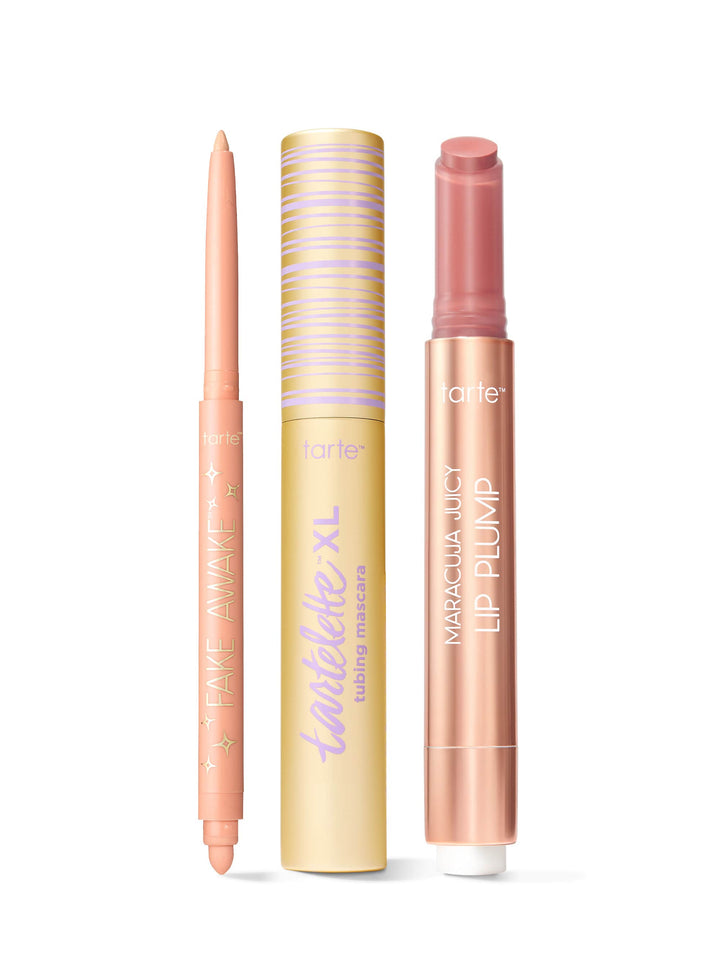 Tarte products including tarte fake awake. tartelette tubing XL mascara, and maracuja juicy lip plump