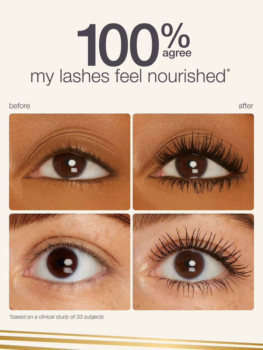 Before and after comparison of eyelashes with text indicating nourishment using tartelette tubing XL mascara