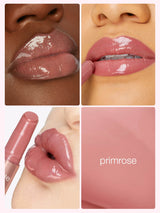 Collage of a maracuja juicy lip plump in shade primrose on lips with close-up, color swatch, and lipstick.