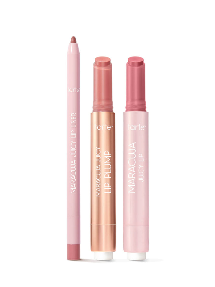 maracuja juicy lip liner, maracuja juicy lip plump, maracuja juicy lip from tarte on a white background