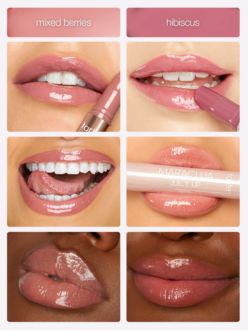 Collage of lip swatches withmaracuja juicy lip liner, maracuja juicy lip plump, maracuja juicy lip labeled 'mixed berries' and 'hibiscus'.