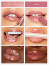 Collage of lip swatches withmaracuja juicy lip liner, maracuja juicy lip plump, maracuja juicy lip labeled 'mixed berries' and 'hibiscus'.
