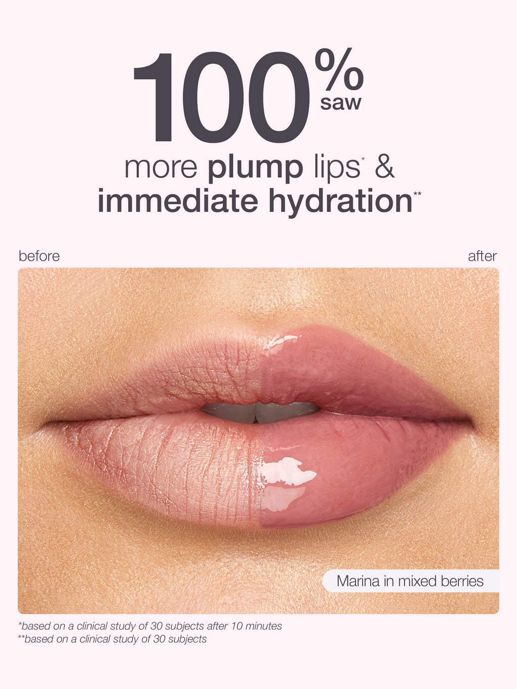 Lip product advertisement showing lips with a glossy finish, labeled '100% saw more plump lips & immediate hydration'. with maracuja juicy lip plump