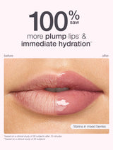 Lip product advertisement showing lips with a glossy finish, labeled '100% saw more plump lips & immediate hydration'. with maracuja juicy lip plump