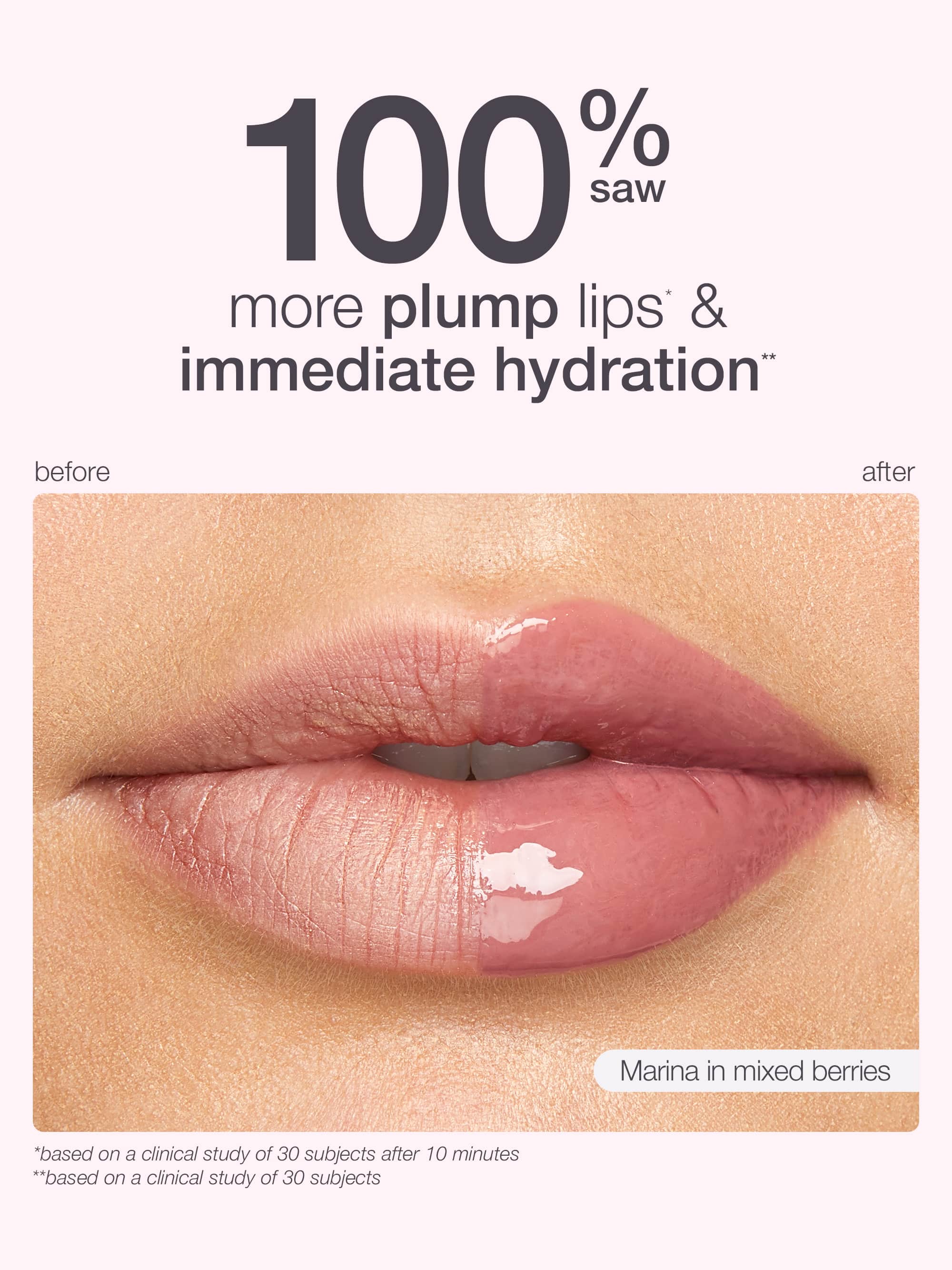 Lip product advertisement showing lips with a glossy finish, labeled '100% saw more plump lips & immediate hydration'. with maracuja juicy lip plump