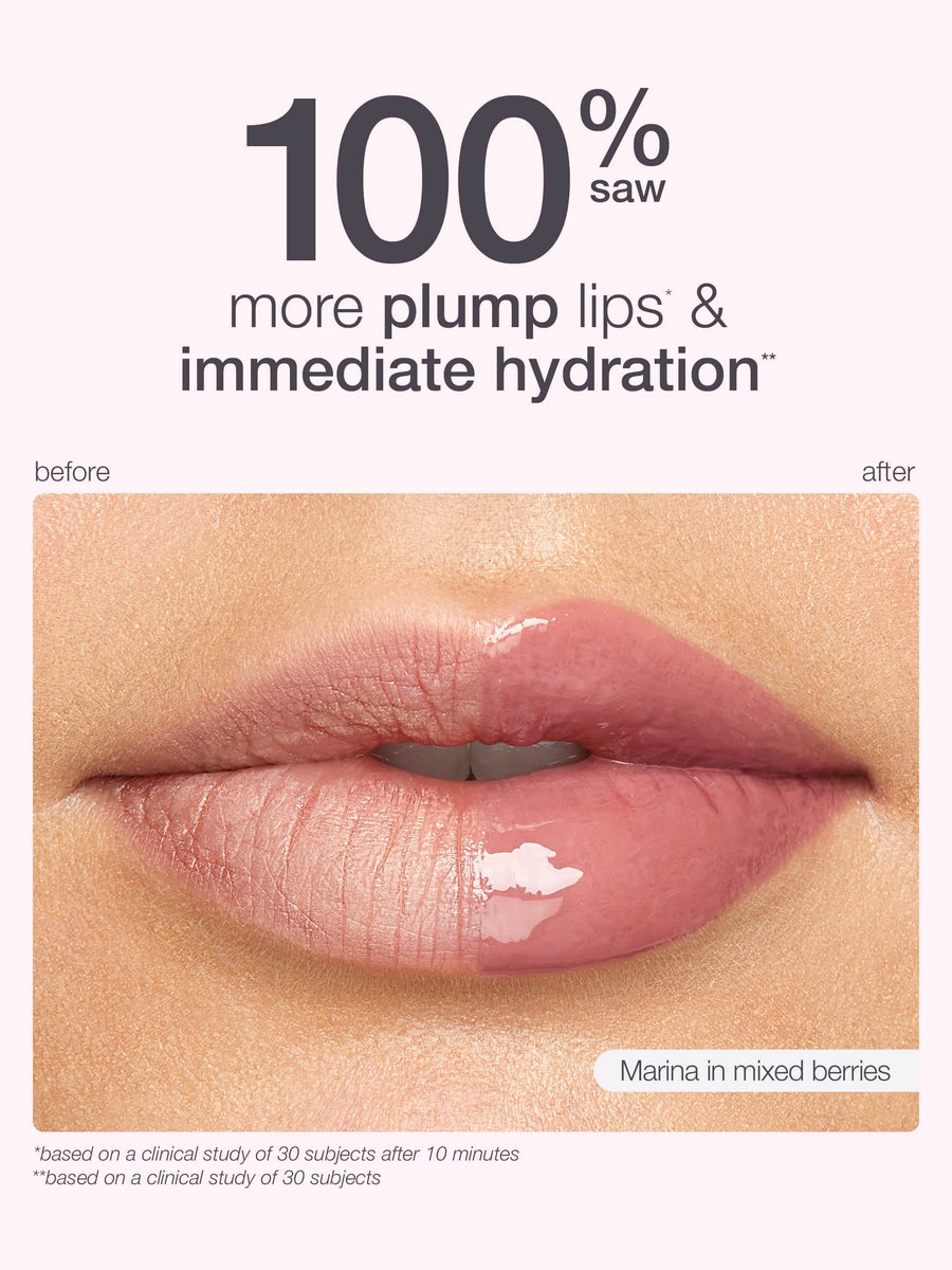Lip product advertisement showing lips with a glossy finish, labeled '100% saw more plump lips & immediate hydration'. with maracuja juicy lip plump