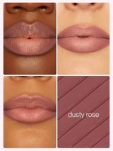 Collage of a dusty rose maracuja juicy lip liner on different skin tones with a swatch labeled 'dusty rose'.