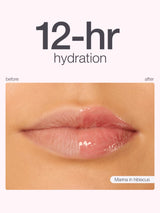 Lips with 12-hour hydration text and 'before'/'after' comparison with maracuja juicy lip liner, maracuja juicy lip plump, maracuja juicy lip