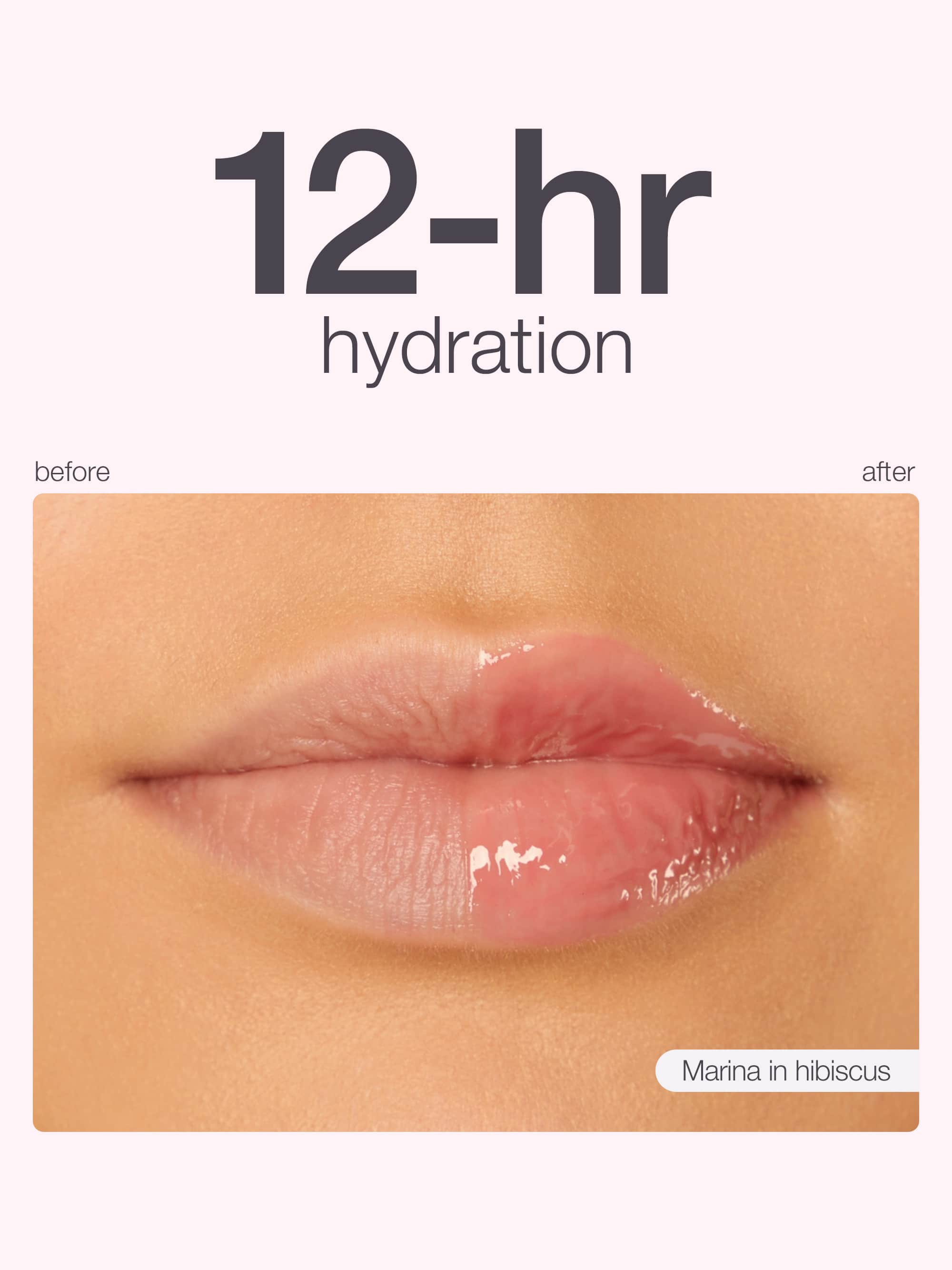 Lips with 12-hour hydration text and 'before'/'after' comparison with maracuja juicy lip liner, maracuja juicy lip plump, maracuja juicy lip