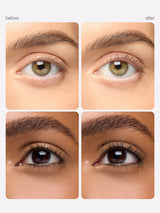 Before and after comparison of eye makeup application on a person with green and brown eyes.