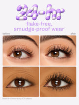 Before and after comparison of tartelette tubing mascara wear with text '24-hour flake-free, smudge-proof wear'.
