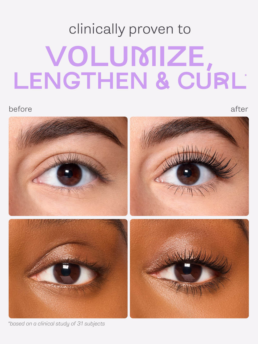 Before and after comparison of eyelashes with text 'Clinically proven to volumize, lengthen & curl' using tartelette tubing mascara
