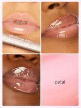 Collage of a maracuja juicy lip oil application on lips with 'Maracuja Juicy' branding.