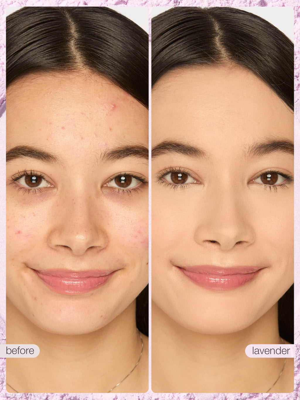 Before and after comparison of a woman's face with maracuja juicy lip oil, tubing mascara and setting powder trio on her face