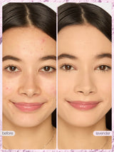 Before and after comparison of a woman's face with maracuja juicy lip oil, tubing mascara and setting powder trio on her face