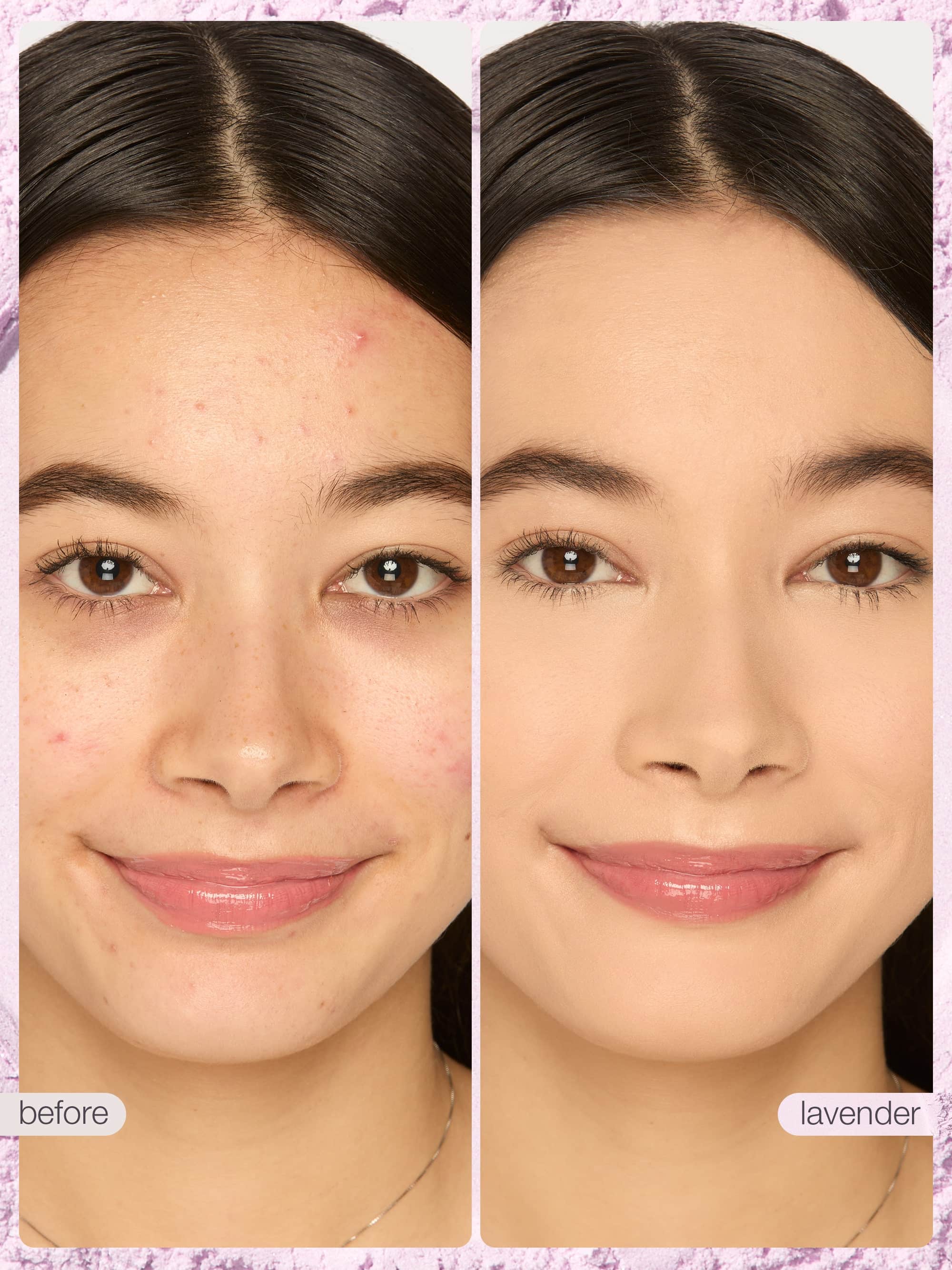Before and after comparison of a woman's face with maracuja juicy lip oil, tubing mascara and setting powder trio on her face