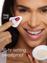 Woman applying creaseless setting & brightening powder with a free puff, emphasizing 16-hour setting and sweatproof properties.