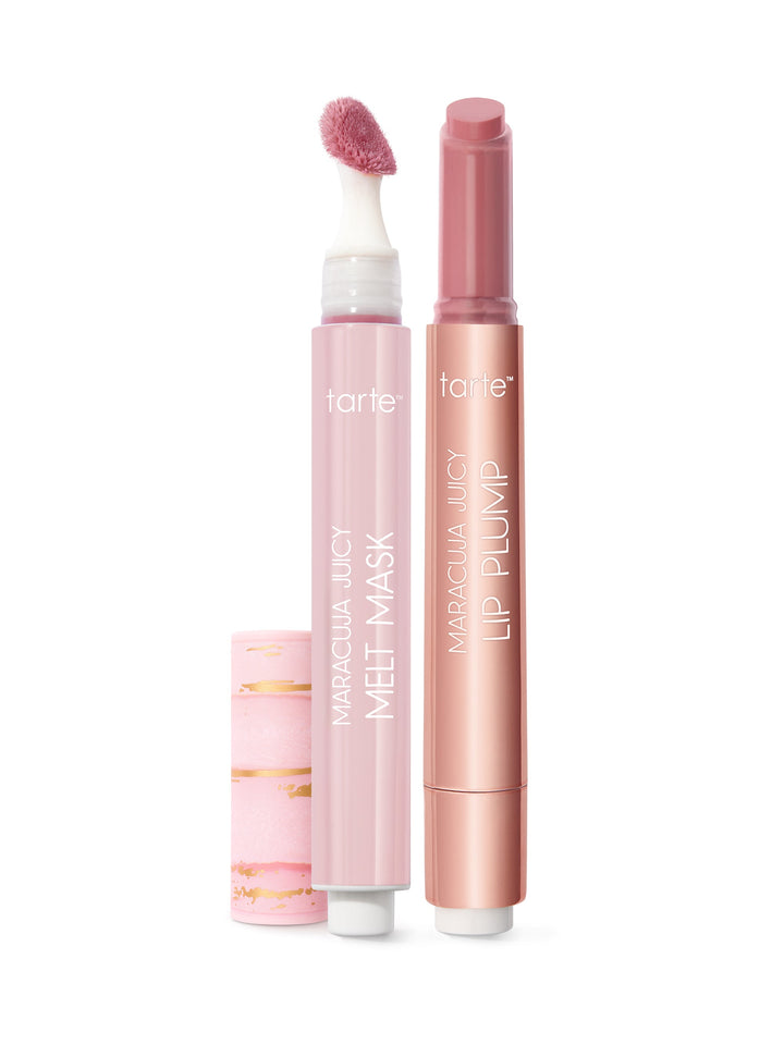 Two Tarte Cosmetics lip products shown against a white background; one labeled Maracuja Juicy Melt Mask and the other Maracuja Juicy Lip Plump. Both packaged in a decorated box stating kindness café and tasty treats.