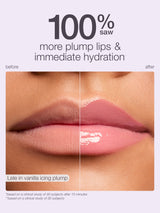 Lips, shown in a before-and-after comparison, appear smoother and more plump with gloss. Text reads: 100% saw more plump lips & immediate hydration, Lele in vanilla icing plump, and study notes below.