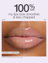 Lips appear smoother and less chapped, with a glossy texture on the right. Text reads: 100% said my lips look smoother & less chapped, Chandler in vanilla icing, based on a study of 33 subjects.