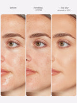 Before and after comparison of a woman's face with 'timeless primer' and 'bb blur' applied.