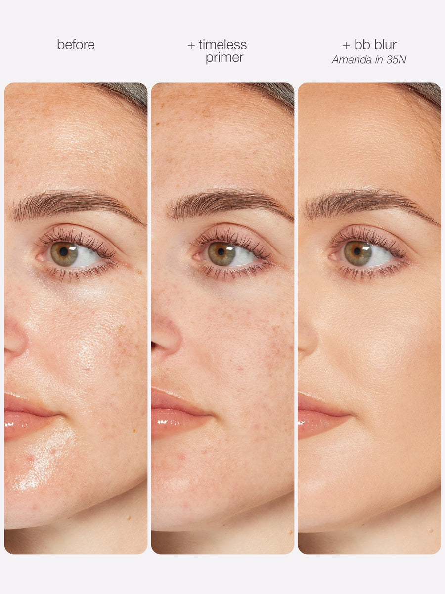 Before and after comparison of a woman's face with 'timeless primer' and 'bb blur' applied.