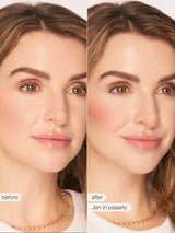 Before and after comparison of a woman's face with cosmetic effects applied.