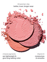 Tarte blush with 'Amazonian clay' text and product details on a white background