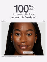 Before and after comparison of a woman's face with text indicating skin smoothing effect.