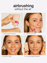 Step-by-step guide to applying makeup with a product, showing a woman using it on her face.