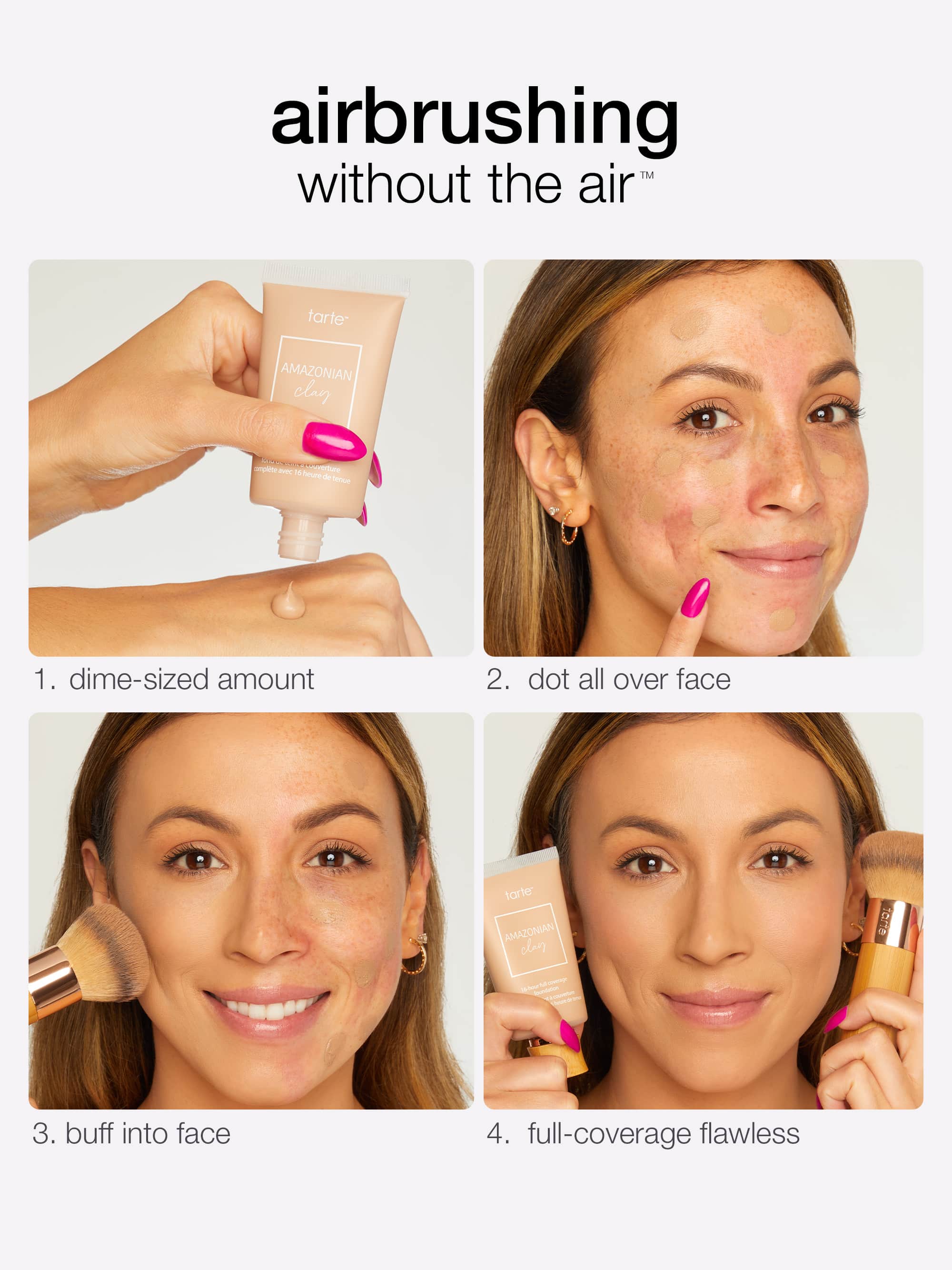Step-by-step guide to applying makeup with a product, showing a woman using it on her face.
