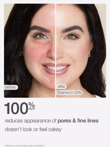 Before and after comparison of a woman's face with text highlighting product effects.
