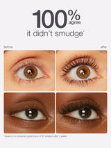 A set of images shows two pairs of eyes before and after applying mascara, highlighting enhanced eyelashes. Text: 100% agree it didn’t smudge* and *based on a consumer panel study of 32 subjects after 2 weeks.