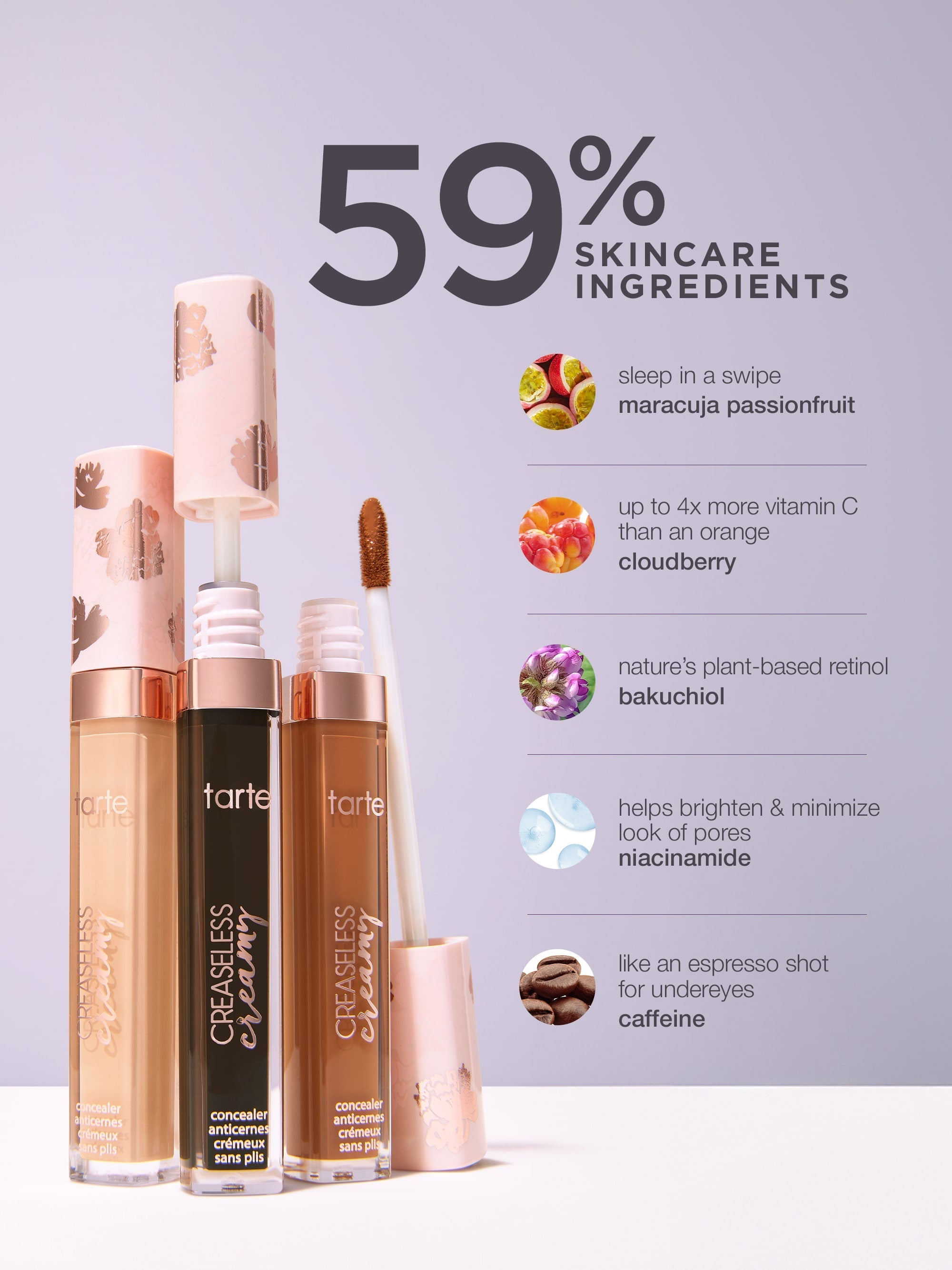 Tarte concealer tubes stand upright with wands partially removed. Text highlights: 59% skincare ingredients, and features maracuja passionfruit, cloudberry, bakuchiol, niacinamide, caffeine, detailing their benefits.
