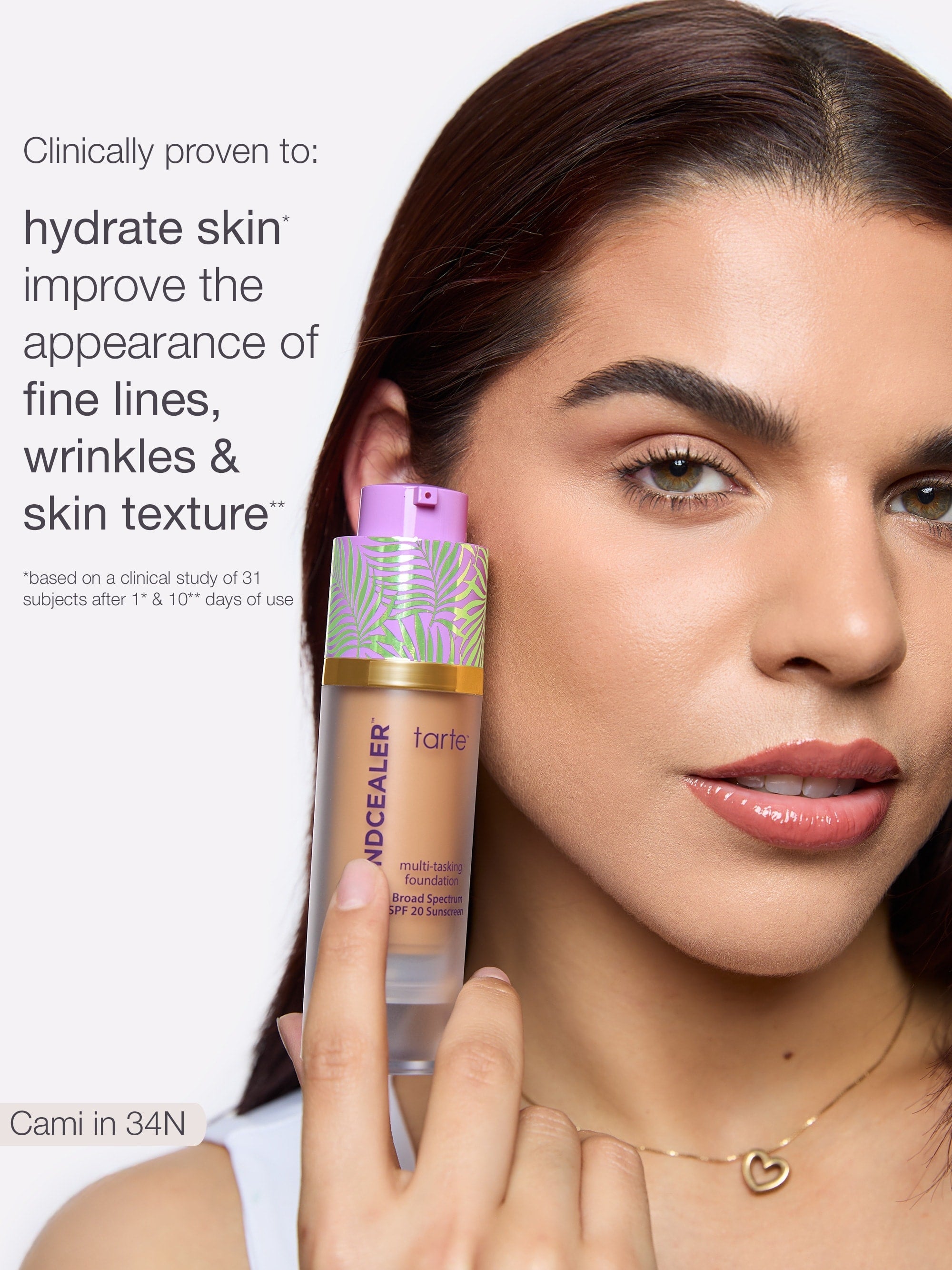 Woman holding a cosmetic bottle with text about skincare benefits on a white background