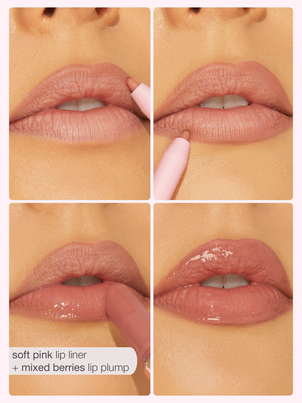 Collage of lips with soft pink lip liner and mixed berries lip plump application.