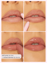 Collage of lips with soft pink lip liner and mixed berries lip plump application.