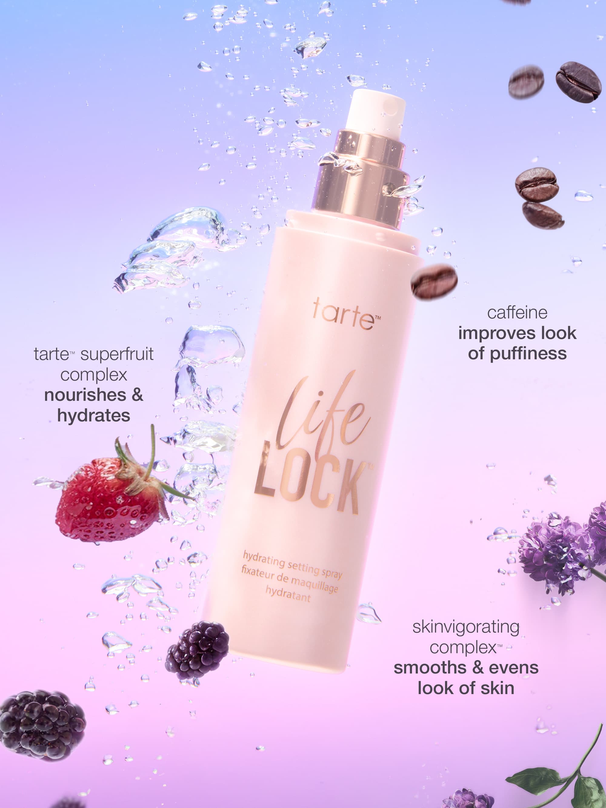 Tarte Life Lock skincare product with superfruit complex and caffeine benefits on a purple background